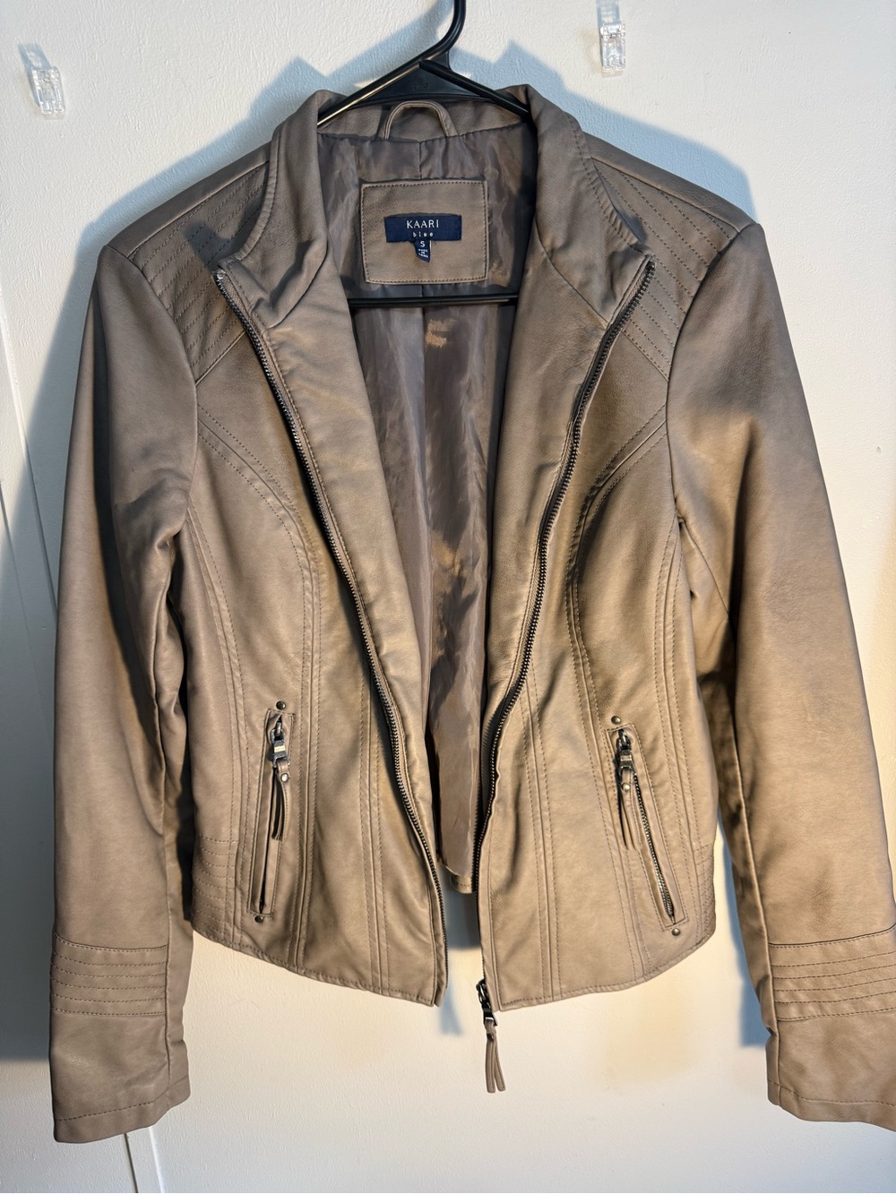 Kaari Blue Taupe-Gray Faux Leather Zip Jacket
